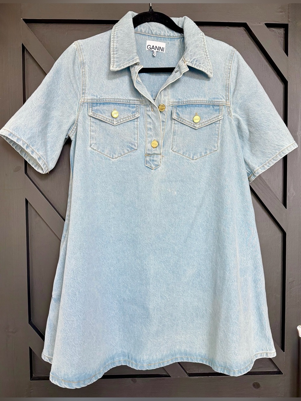GANNI Cutline Denim Mini Dress in Light Wash, Size 38 (US 6) - Picture 6 of 11